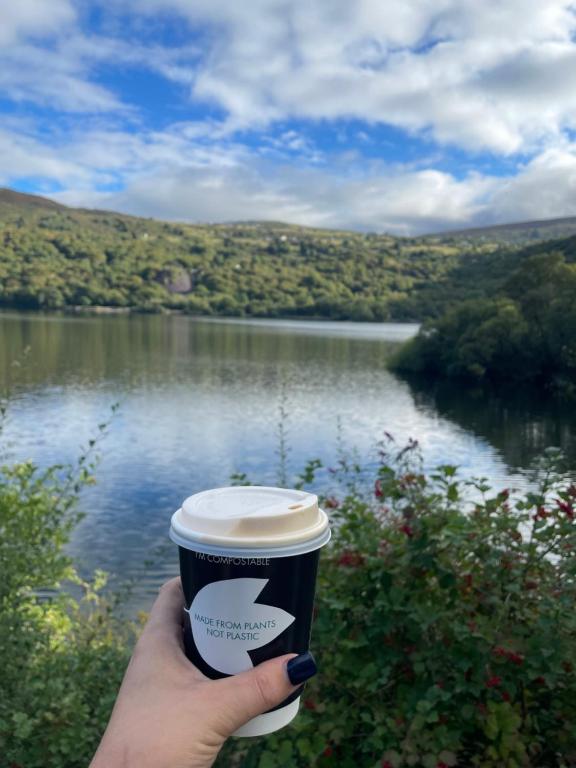 a hand holding a coffee cup in front of a lake at River tents 