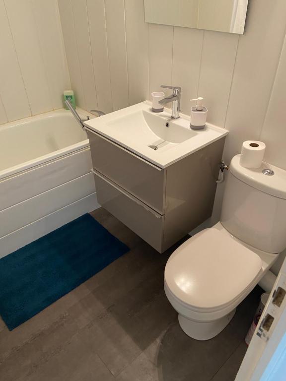 łazienka z toaletą, umywalką i wanną w obiekcie Dijon - Grand studio proche parc Darcy & gare w mieście Dijon