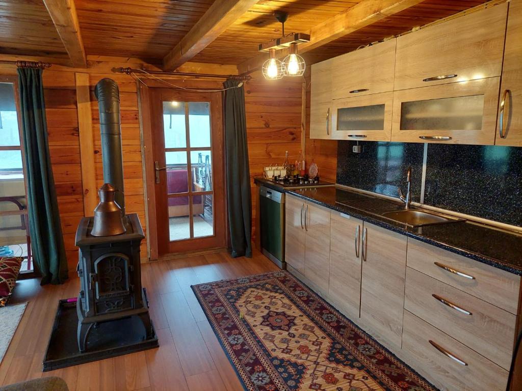 a kitchen with a wood stove in a cabin at MEVA APART in Rize