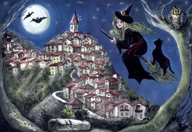 une peinture d'une sorcière volant au-dessus d'un village dans l'établissement B&B Da Marta, à Apricale