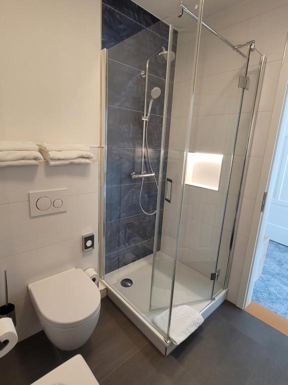 a bathroom with a shower and a toilet at Pension zum Kleistpark in Frankfurt Oder