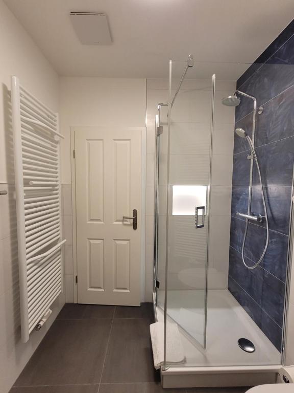 a bathroom with a shower with a glass door at Pension zum Kleistpark in Frankfurt Oder