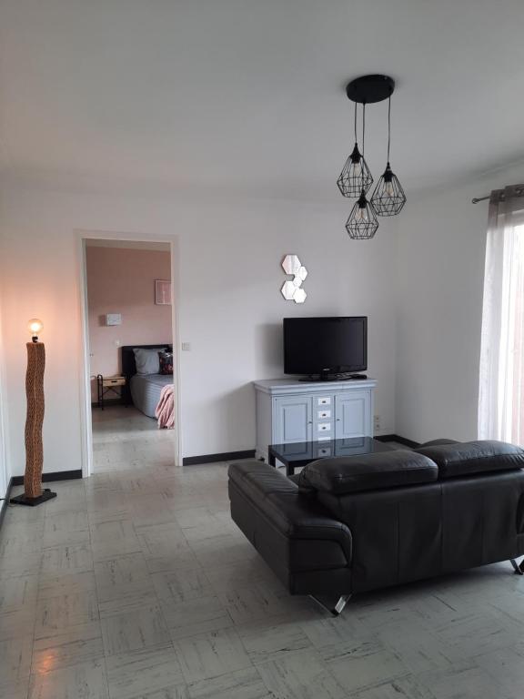 salon z czarną kanapą i telewizorem w obiekcie Ruthen'Stay 1 bedroom Apartment w mieście Rodez