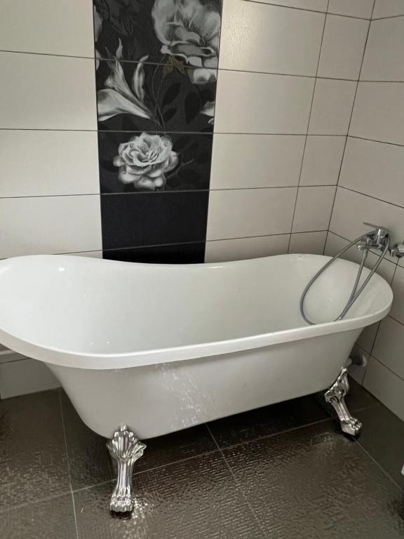 a bath tub in a bathroom with a painting on the wall at House Of Beyoutiful Bocsa in Bocşa