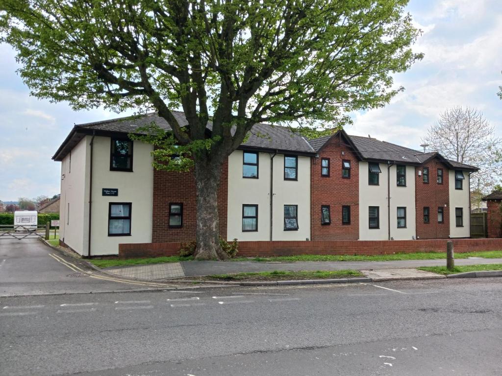 a large white house with a tree in front of it at Cosy 1-Bed Apartment in Swindon private parking in Swindon