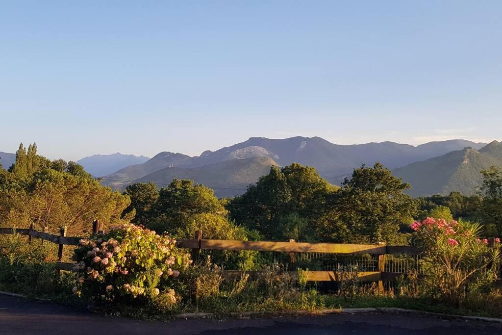 Chalet avec terrasse face aux Pyrénées في Bartrés: سور خشبي مع الزهور والجبال في الخلفية