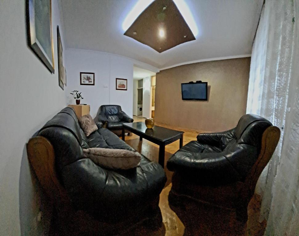 a living room with two leather couches and a tv at Stan na dan ELF in Mostar