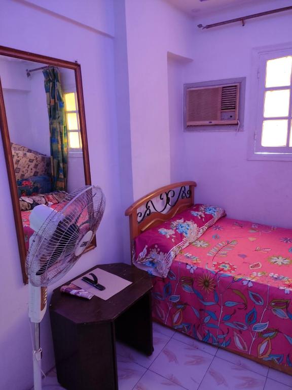 a bedroom with a bed and a mirror and a fan at Miami furnished apartment next to Khaled Bin Al Waleed in Alexandria