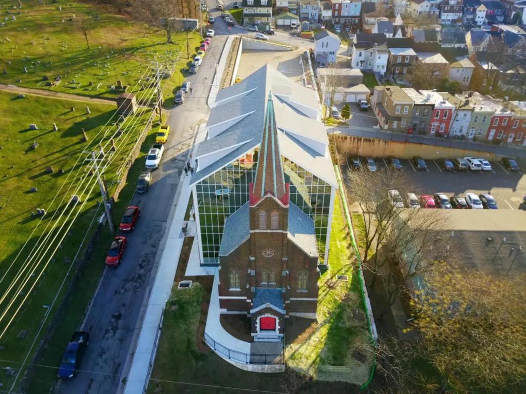 an aerial view of a church with a street at Hyatus at City Views in Bethlehem