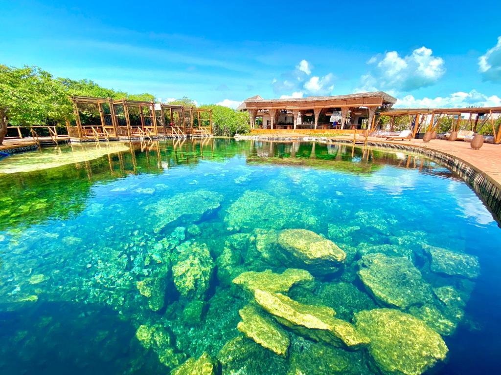a pool of water with rocks in front of a building at Hotel Shibari - Restaurant & Cenote Club in Tulum
