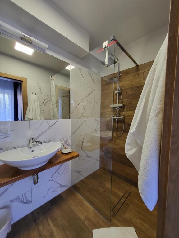 a bathroom with a sink and a shower at Apartamenty Julia APARTAMENTY OZONOWANE in Ustronie Morskie