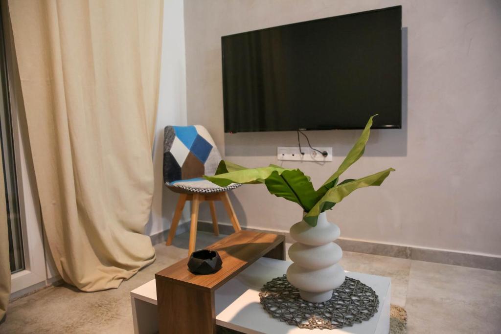 salon z wazą z rośliną na stole w obiekcie MSK Rotonda Studio 2 w Salonikach