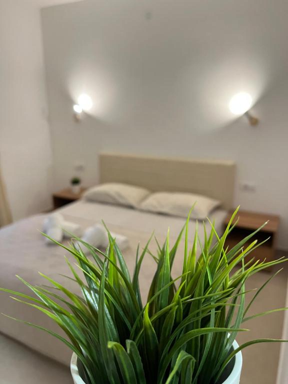 a bedroom with a bed and a potted plant at Apartmani Tesla in Soko Banja