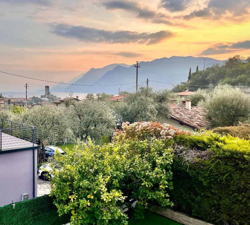 a view of a garden with mountains in the background at Casa Nicosandi in Malcesine