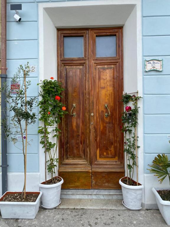 a wooden door on a house with three potted plants at Villa Valentina Versilia in Viareggio