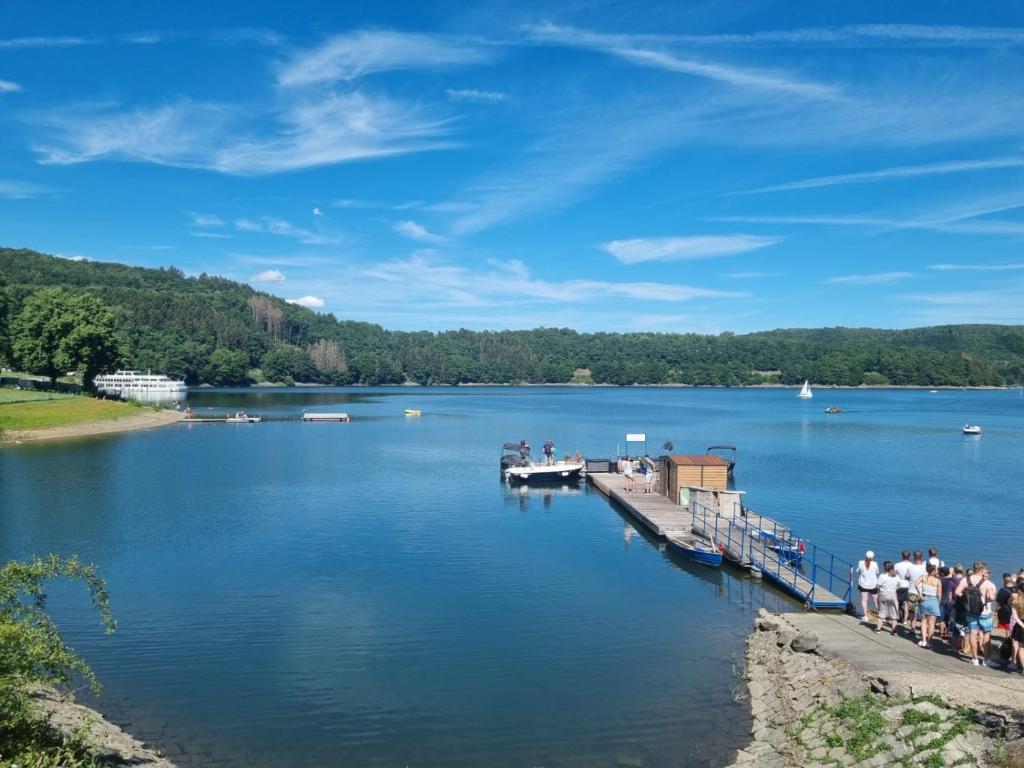 un grupo de personas de pie en un muelle en un lago en Andinas FeWo - Wunderschöner Ausblick auf den See en Olpe