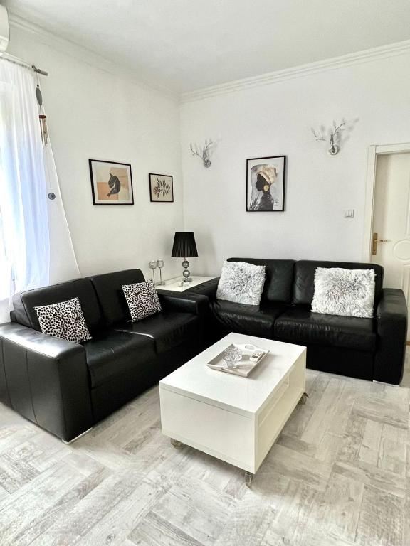 a living room with a black couch and a coffee table at Apartment Kiki in Kotor