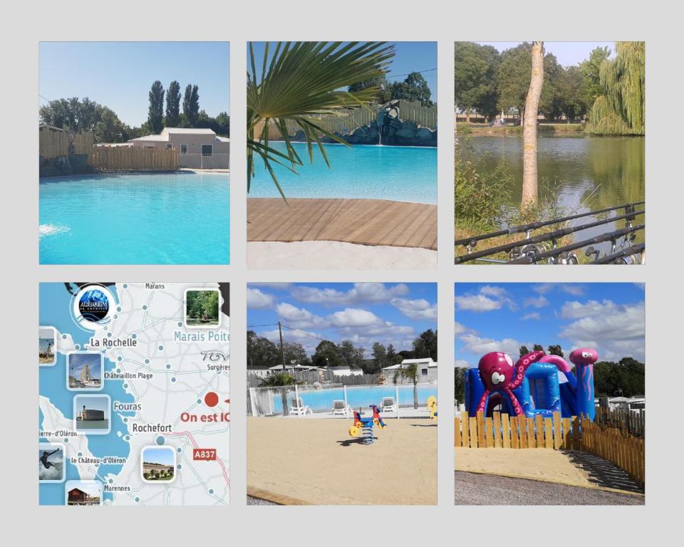 eine Collage mit Fotos eines Wasserparks in der Unterkunft Mobil-home Camping 3 étoiles in Genouillé