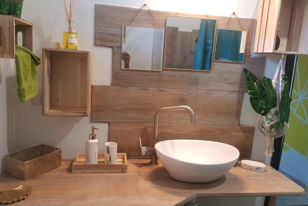a bathroom with a white bowl sink and mirrors at Le Cacaoyer in La Trinité