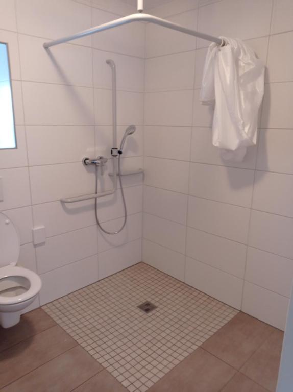 y baño con cabina de ducha y aseo. en Volkach am Main, en Volkach