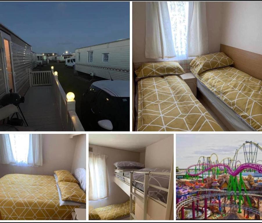 a collage of pictures of a room with a bed and a ride at Sealands in Ingoldmells
