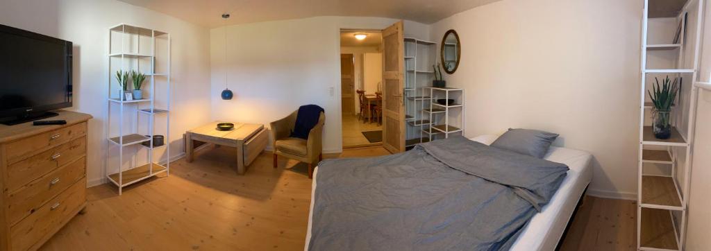 een woonkamer met een bed en een televisie bij Værelse med eget køkken og bad in Esbjerg