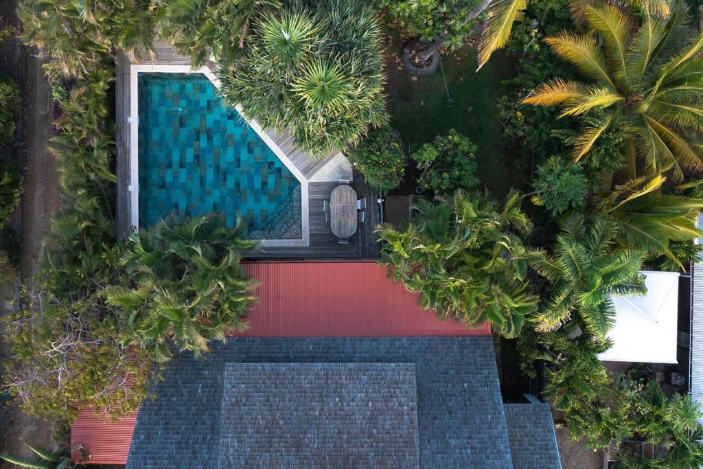 an overhead view of a swimming pool with trees at Villa Ti Maxuddha avec piscine chauffée in La Saline les Bains