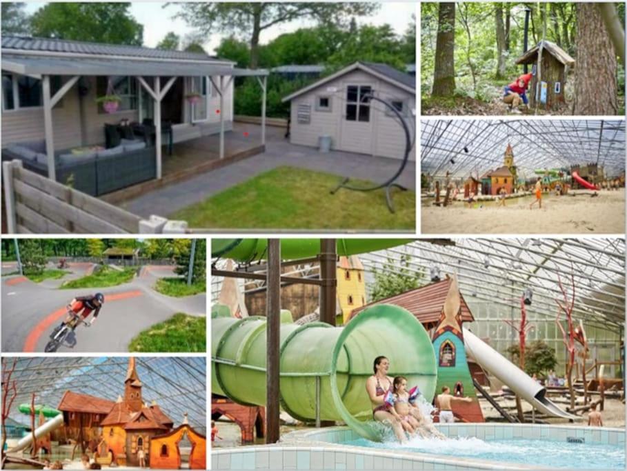 a collage of pictures of different types of playground equipment at Chalet te huur op *****camping Terspegelt 4 personen in Eersel