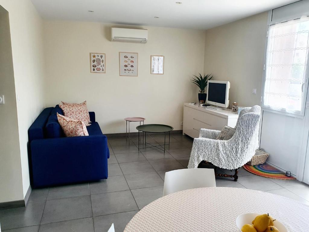 salon z niebieską kanapą i krzesłami w obiekcie Appartement plein pied climatisé dans maison catalane w mieście Bompas