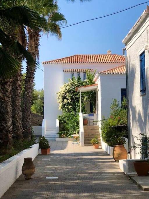 a white house with palm trees in front of it at Spetses Cozy Villa in Spetses