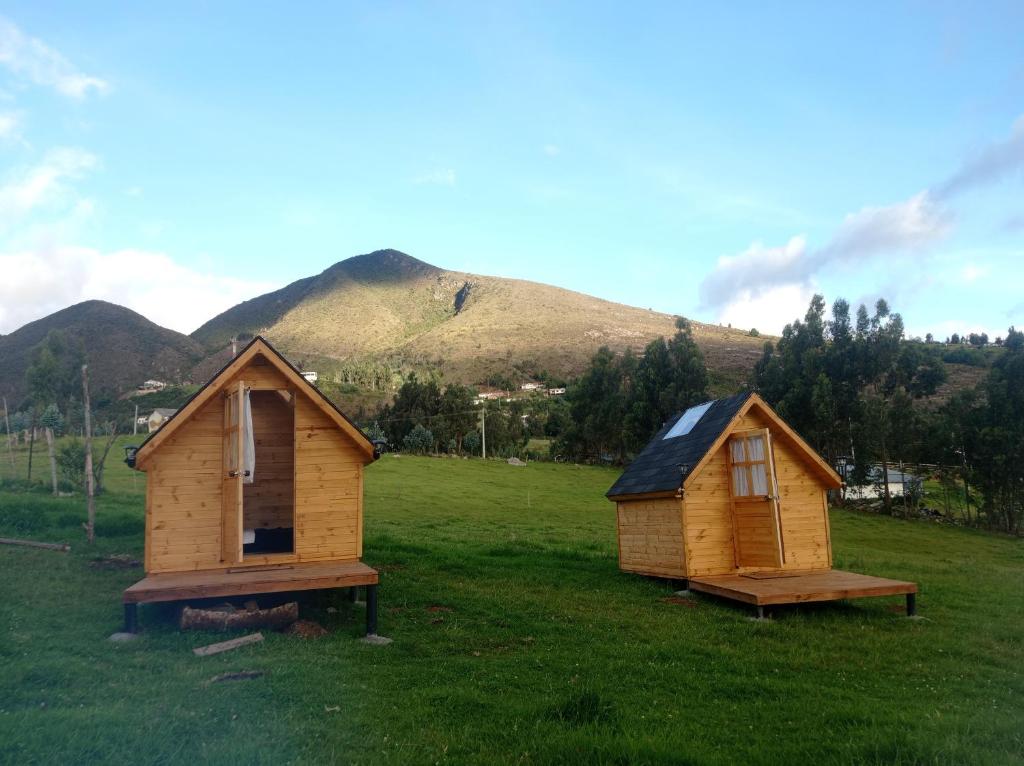 dos cabañas de madera en un campo con montañas en el fondo en Hospedaje Guatavita cabaña tippie, en Guatavita