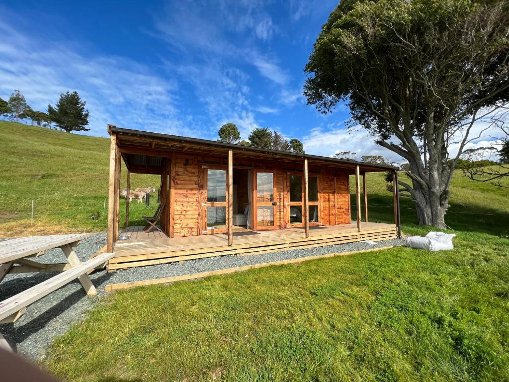 a log cabin with a picnic table and a tree at Laurels Retreat in Mangonui