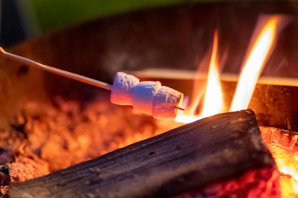 a piece of food on a stick cooking on a grill at Luxury Glamping Cabin with Outdoor Bath on Cornish Flower Farm in Truro