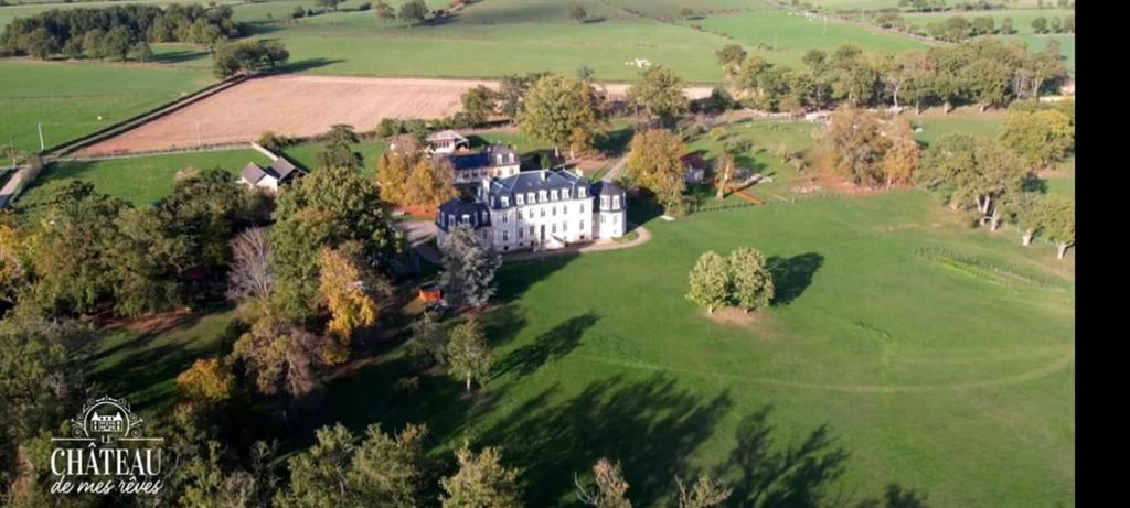 uma vista aérea de uma grande casa num campo verde em Gîte 6 personnes 3 chambres château de la bouchatte em Chazemais