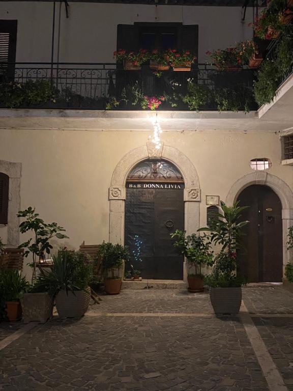 wejście do budynku z dwoma drzwiami i doniczkami w obiekcie B&B Donna Livia w mieście Cantalupo nel Sannio