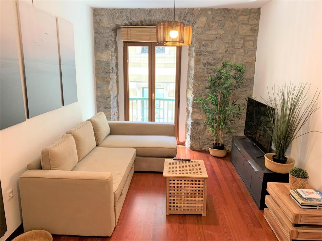 a living room with a couch and a tv at Alola Cimadevilla in Gijón