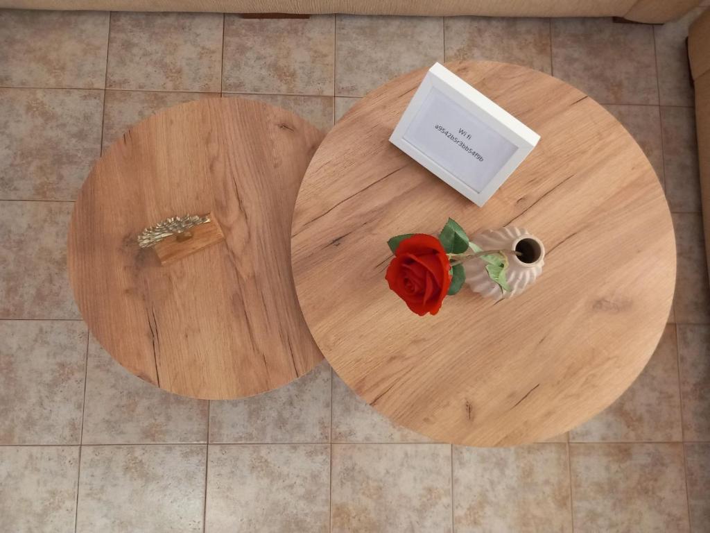 a wooden table with a book and a rose on it at Korali in Symi