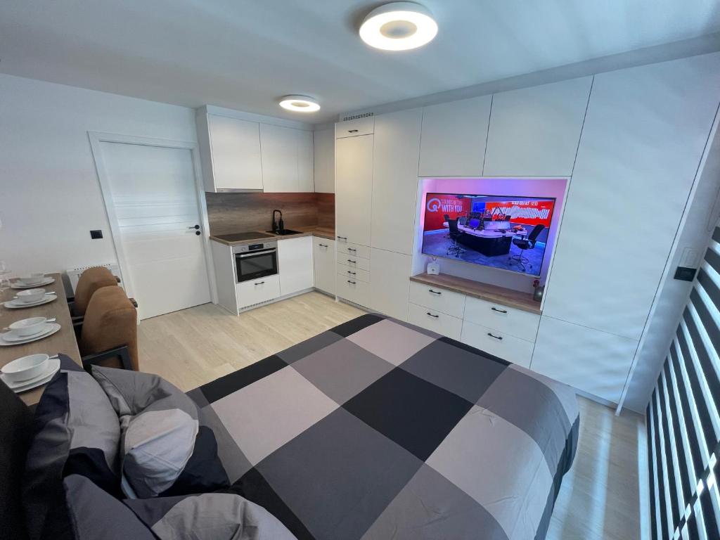 ein Wohnzimmer mit einem Sofa und einem TV in der Unterkunft Groot terras I luxe verblijf I tot 4 personen I 50m van de dijk I Nieuwpoort-Bad in Nieuwpoort