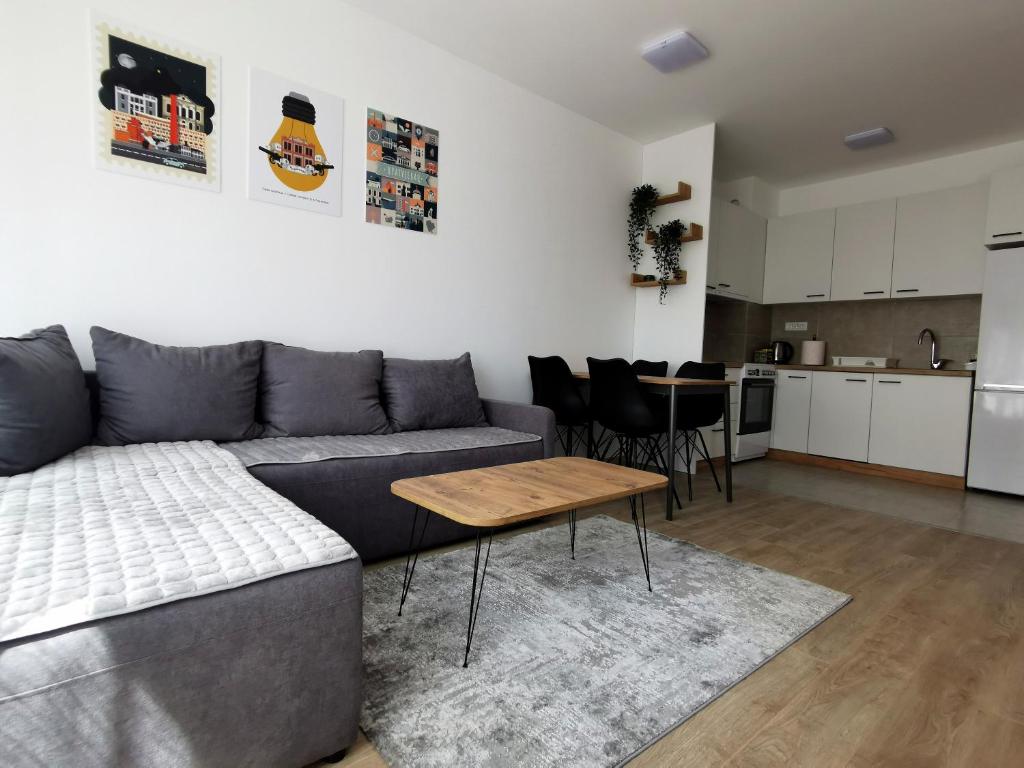 sala de estar con sofá, mesa y cocina en Modern Living Apts - Plaza suite, en Kragujevac