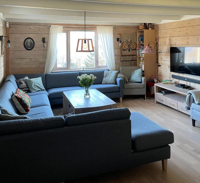 uma sala de estar com um sofá azul e uma televisão em Secluded Holiday Home, With private beach em Ålesund