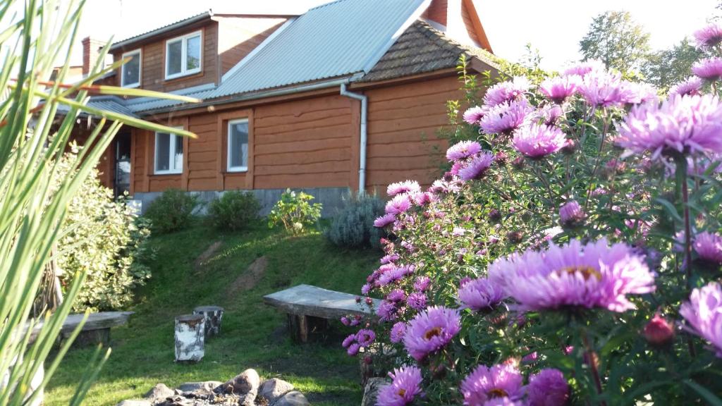 uma casa com um ramo de flores roxas no quintal em Zubrowa Ostoja 