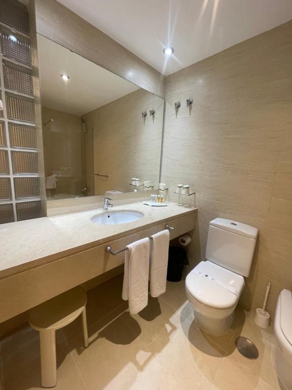 W łazience znajduje się toaleta, umywalka i lustro. w obiekcie Hotel Neptuno by ON Hotels Group w mieście Roquetas de Mar