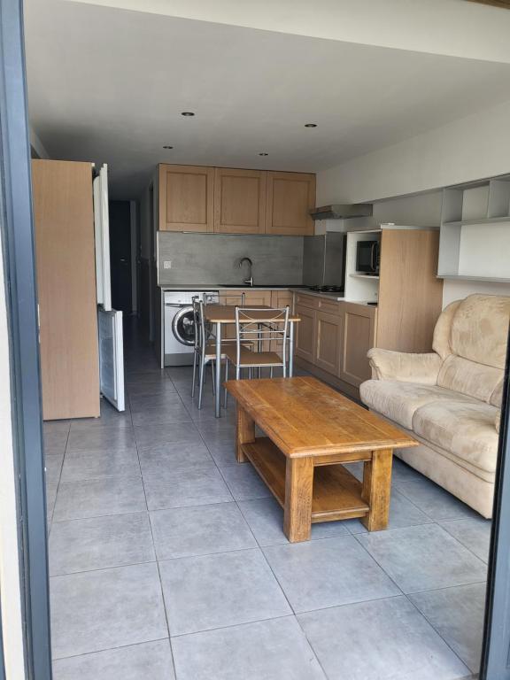 a kitchen and living room with a table and a couch at Appart 30 m2 cosy 2 personnes 1 grande chambre en mezzanine in Saint-Mitre-les-Remparts