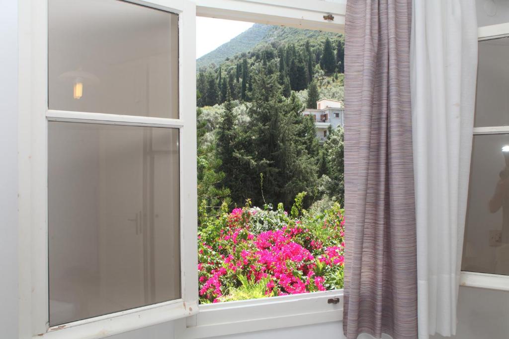 a window with a view of a garden with pink flowers at ALEXANDROS B in Nikiana