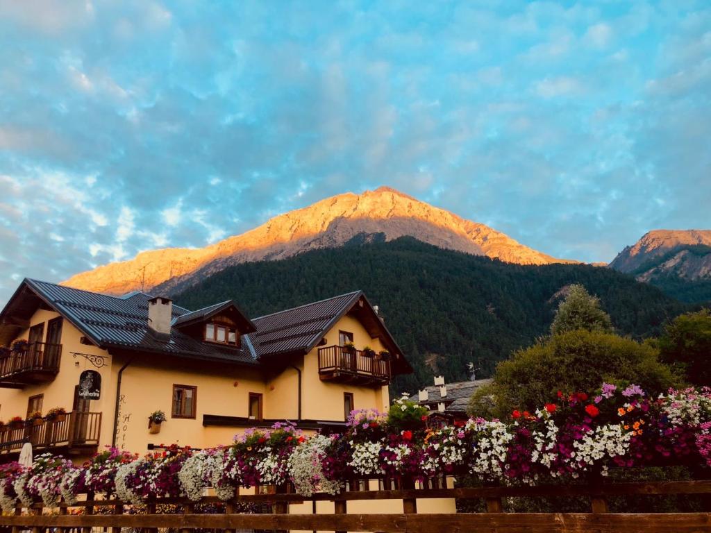 a house with flowers in front of a mountain at HOTEL LA GINESTRA in Cesana Torinese