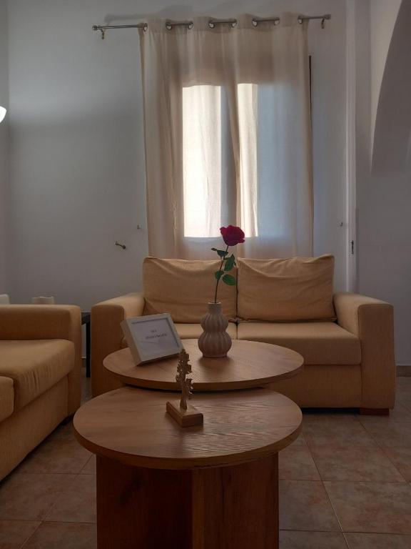 a living room with a couch and a table with a flower on it at Korali in Symi