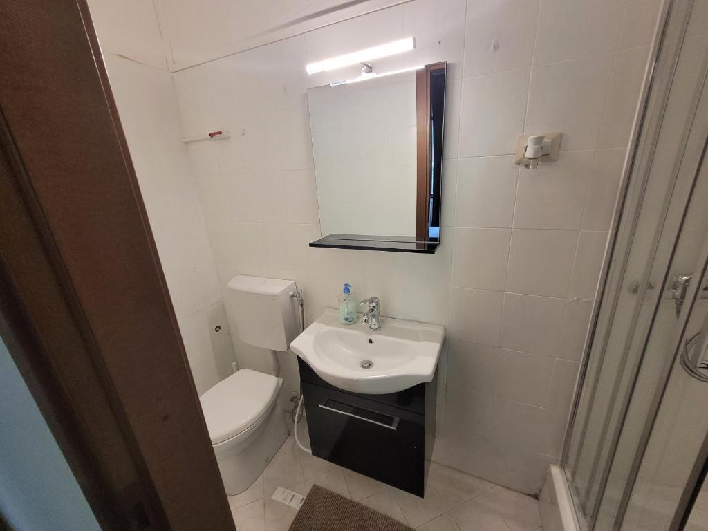 a bathroom with a toilet and a sink and a mirror at Ambra Boutique Hotel in Milan