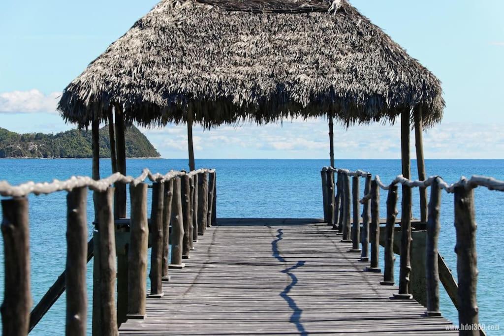 Superbe villa avec ponton privé في أنديلانا: رصيف خشبي مع مظلة من القش والمحيط