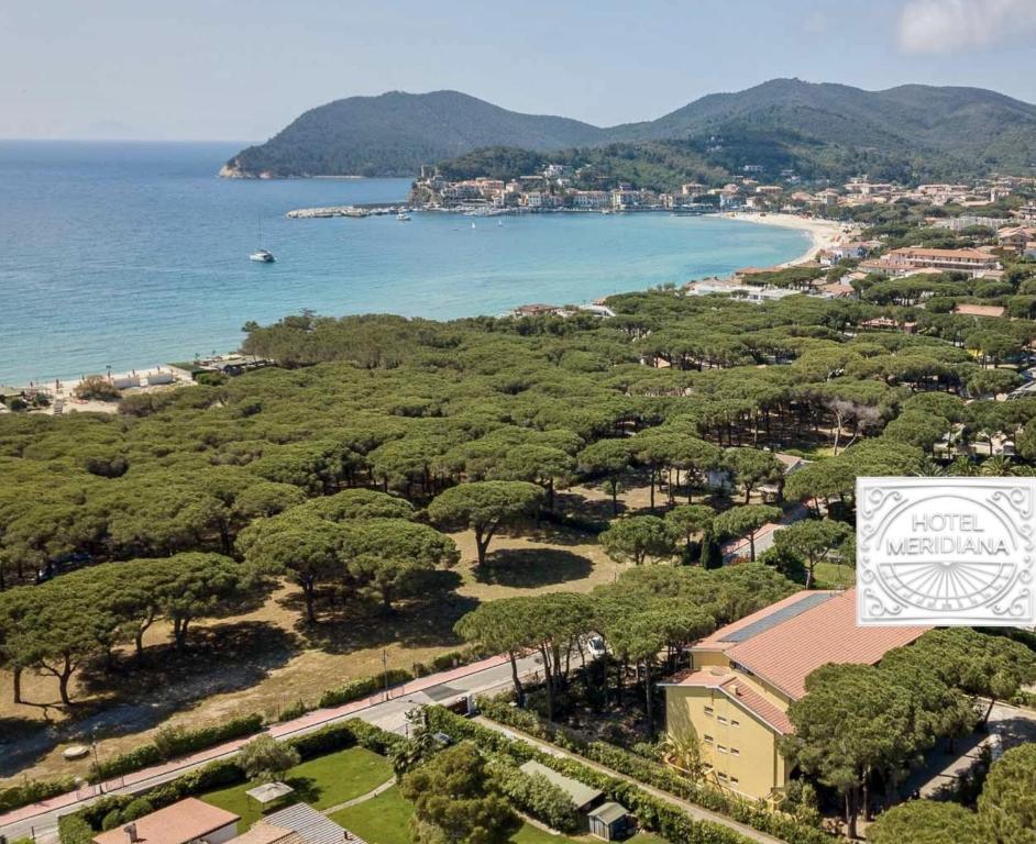 an aerial view of a beach with trees and the ocean at Hotel Meridiana in Marina di Campo