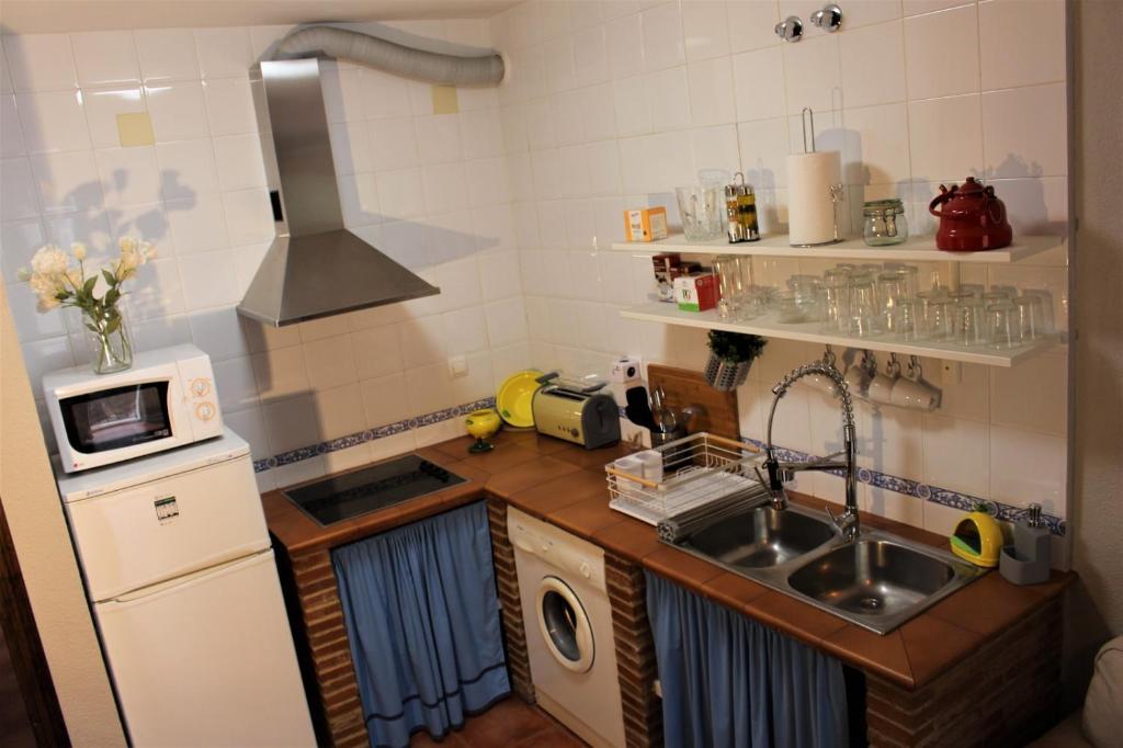 a small kitchen with a sink and a washing machine at Refugio del Chorrito in Grazalema